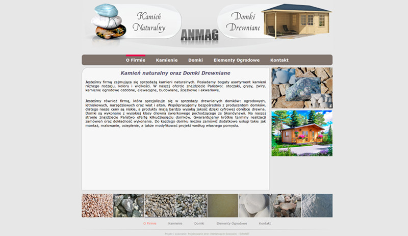 Strona internetowa firmy Anmag zajmującej się sprzedażą kamieni naturalnych oraz drewnianych domków.