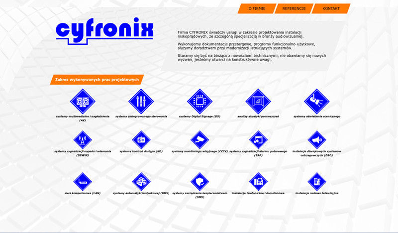 Responsywna strona internetowa firmy Cyfronix świadczącej usługi w zakresie projektowania instalacji niskoprądowych, ze szczegóną specjalizacją w branży audiowizualnej.