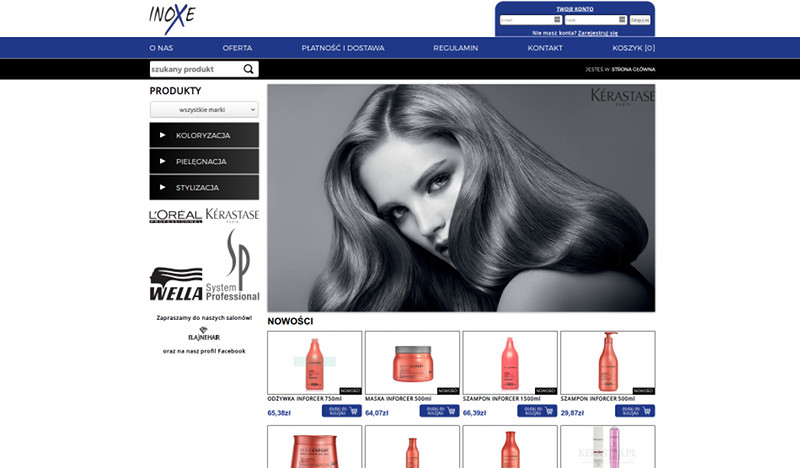 Sklep internetowy firmy Inoxe zajmującej się handlem kosmetykami do pielęgnacji i stylizacji włosów.