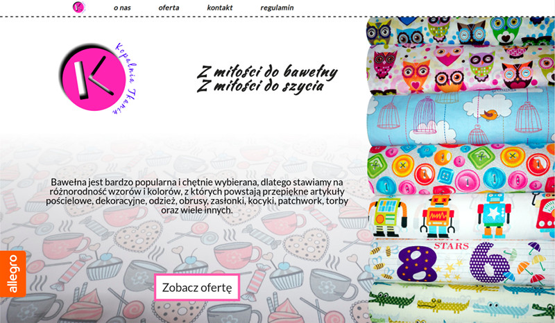 Responsywna strona internetowa firmy 'Kopalnia Tkanin' zajmującej się sprzedażą bawełnianych tkanin.