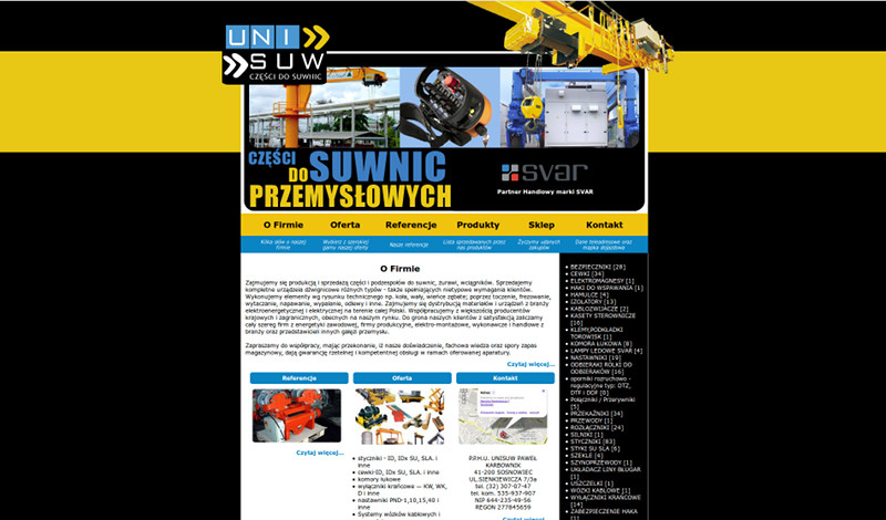 Strona internetowa firmy Unisuw zajmującej się sprzedażą części do suwnic przemysłowych.